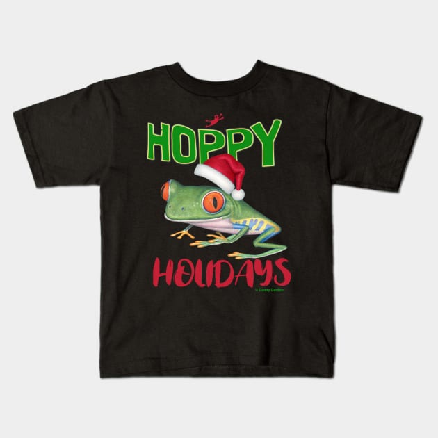 Cute Red Eyed Tree Frog on a Merry Christmas Hoppy Holidays Frog Kids T-Shirt by Danny Gordon Art